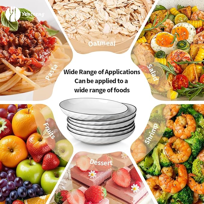 Yeacccng White Pasta Bowls Set of 6, 24oz Ceramic Salad Bowls, 8 inch Shallow Serving Bowls for Pasta, Salad, Oatmeal, Fruit, Easy to Clean, Dishwasher & Microwave Safe, Scratch-Resistant, Lead-Free
