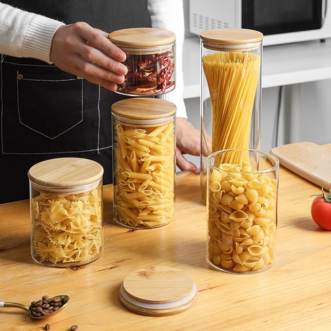 ComSaf Pasta Containers Storage 2 Qt, Spaghetti Container, 3 Pack Glass Jar