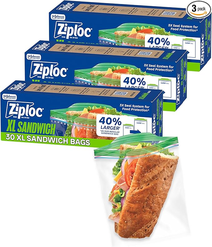 Ziploc XL Sandwich and Snack Bags, Easy Open and Close, Plastic Food Storage Bags, 90 Bags Total
