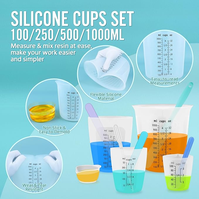 SWIGRANCE Silicone Resin Mixing 1L Measuring Cup Set for Resin Supplies, Easy-to-Read Marks, 1000ml/32oz Large Cup, 500&250&100ml Thickened Reusable Silicone Cups for Epoxy Mixing, Jewelry Making