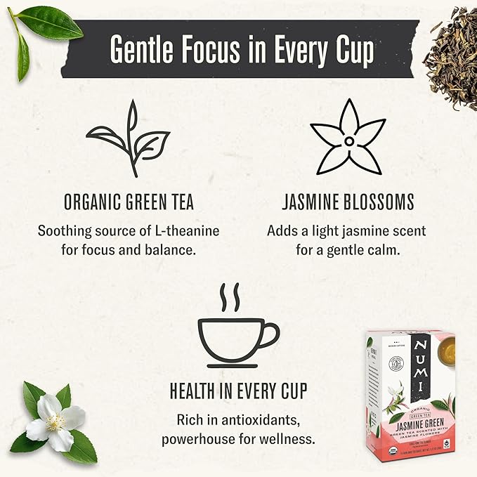 Numi Organic Green Tea with Jasmine, 100 Green Tea Bags with Real Jasmine