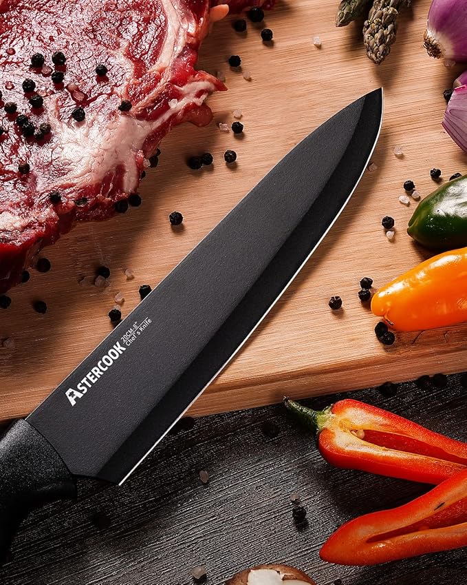 Astercook 15 Pieces Kitchen Knife Block Set with Sharpener, Black
