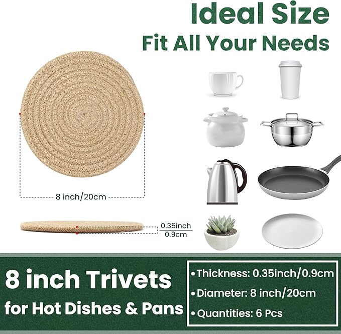 KITLAB 8 Inch Trivets for Hot Dishes, Hot Pots and Pans, 6 Pcs