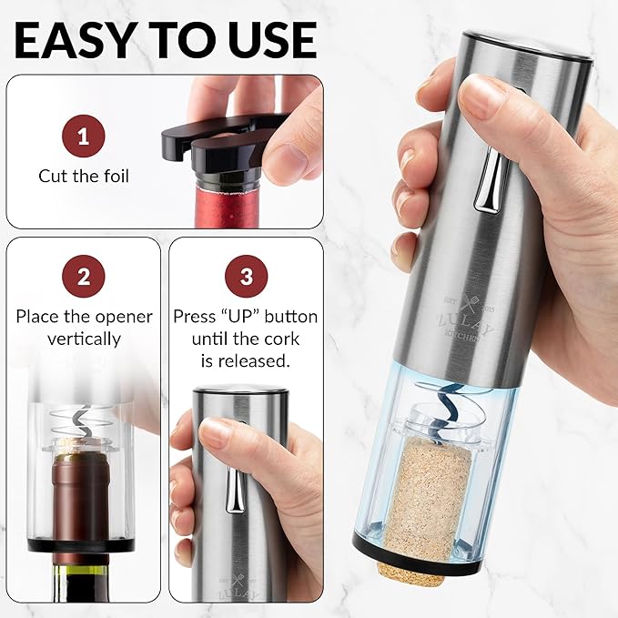 Zulay Kitchen Electric Wine Opener with Charging Base - Electric Wine Bottle Opener, Stainless Steel Wine Opener - Aerator Pourer, Foil Cutter & 2 Vacuum Stoppers - Silver