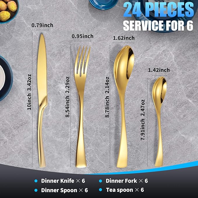 Lemeya 24 Pieces Gold Silverware Set for 6,Heavy Duty 18/10 Stainless Steel Flatware Set with Forged Stand Knife,Modern Cutlery Utensil Set,Mirror Polished,Dishwasher Safe