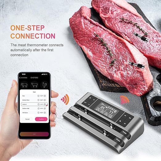 Wireless Smart Meat Thermometer, Dual-Sensor Probe, 500FT Remote, Dedicated App, Real-Time Temp for Oven/Grill - Rechargeable, Precise for Steak