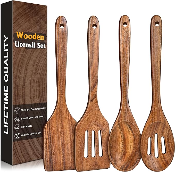 2Pcs Wooden Spatula, Acacia Wooden Spatula for Kitchen Use, Nonstick Cookware Safe Utensils Set including Turner and Slotted Turner, Ideal Cooking Utensils Gift Set for Cooking, Frying, Baking