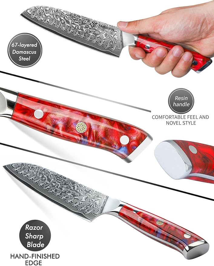 SANMUZUO Santoku Knife - 7 inch - Xuan Series - VG10 Damascus Steel Kitchen Knife - Resin Handle (Sunset Red)
