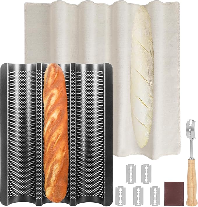 Barlket Baguette Bread Pan Kit, Perforated Nonstick 3 Loaf Bread Pan, Black
