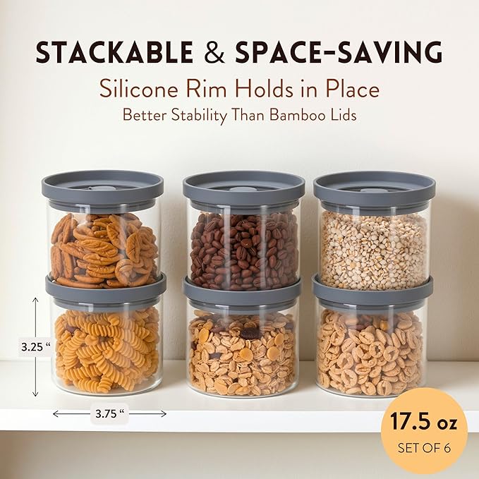 THE HAZEL PANTRY Glass Canisters with Airtight Lids Set of 6 (17.5 oz) - Borosilicate Glass Jars for Overnight Oats, Meal Prep & Pantry Storage, Stackable, BPA-Free, Dishwasher Safe Kitchen Containers
