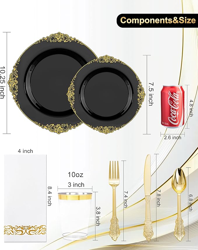 Nervure 350Pcs Black Plastic Plates, Plastic Dinnerware Set for 50 Guests