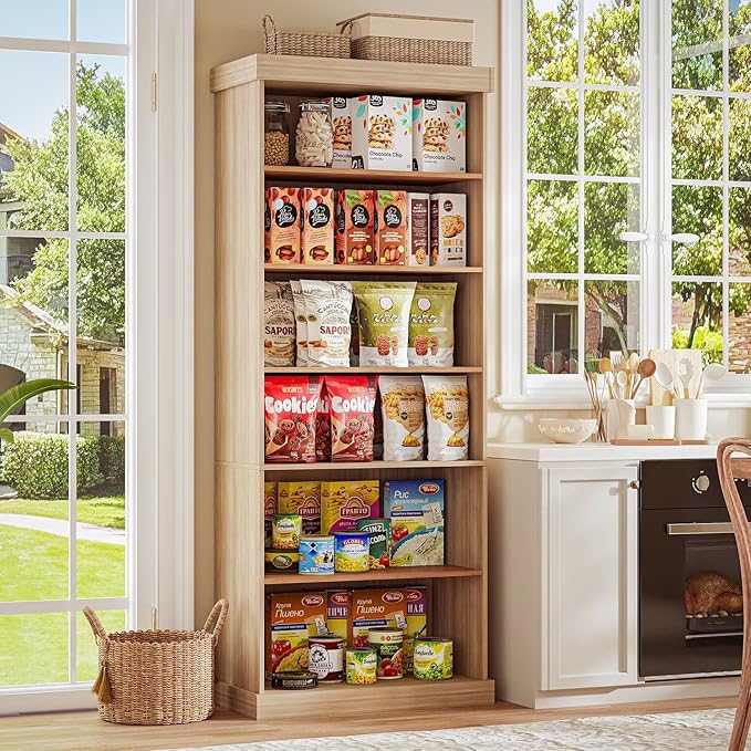 ivaniti 70.8" Tall Farmhouse Bookshelf with Glass Doors, Modular Bookcase with 6-Tier Adjustable Shelves, Large Storage Cabinet for Kitchen, Living Room, Brown, Set of 3