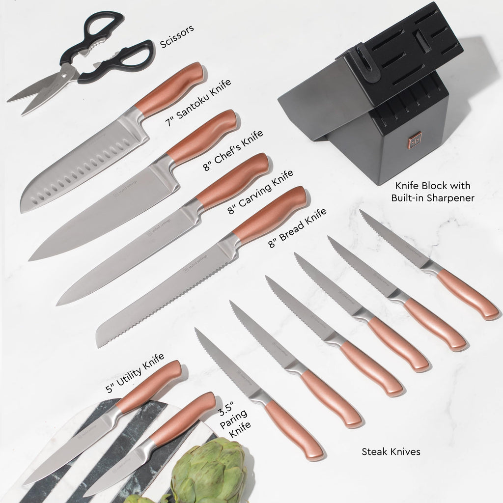 Styled Settings Copper Knife Set with Block & Built-In Sharpener, 14-Piece