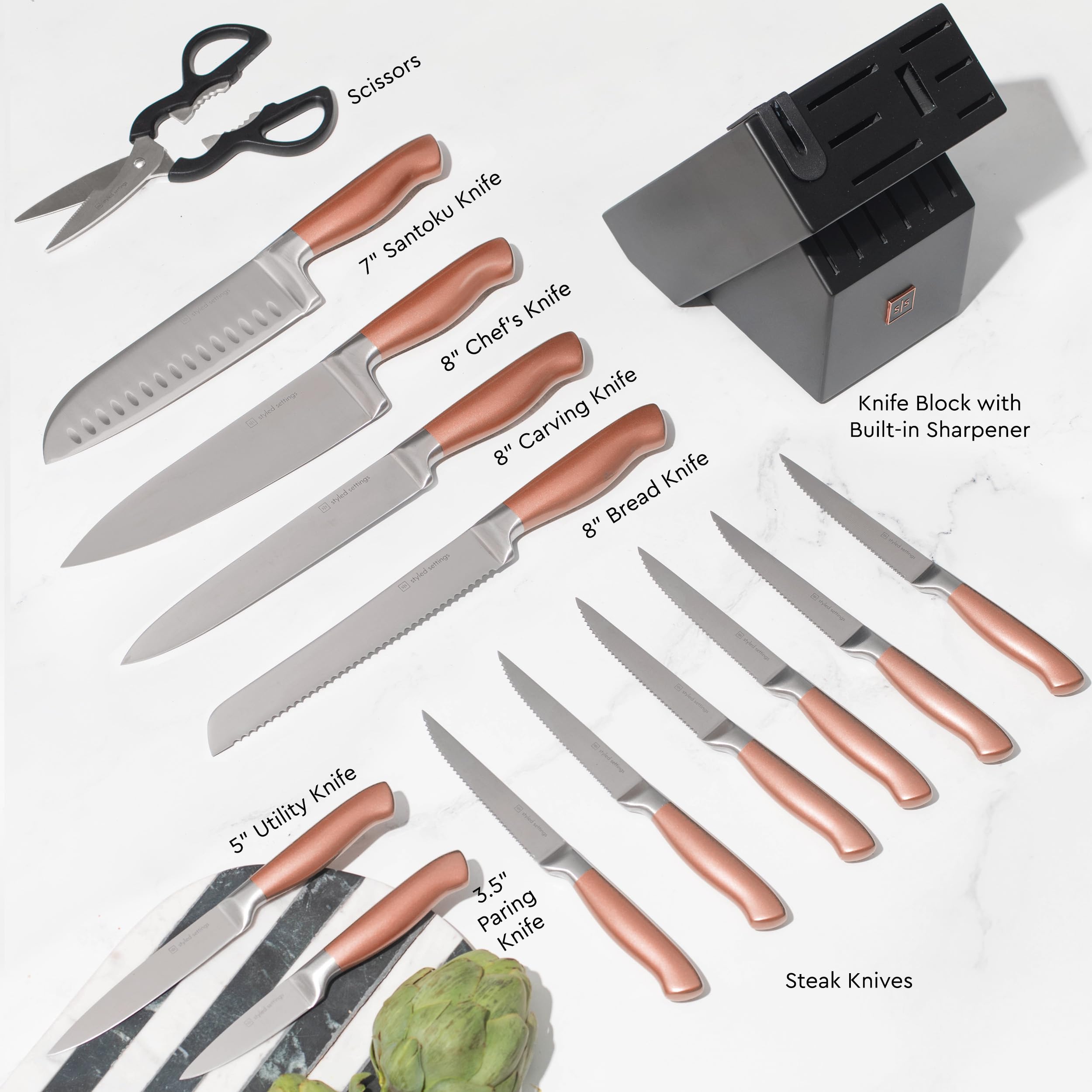 Styled Settings Copper Knife Set with Block & Built-In Sharpener, 14-Piece