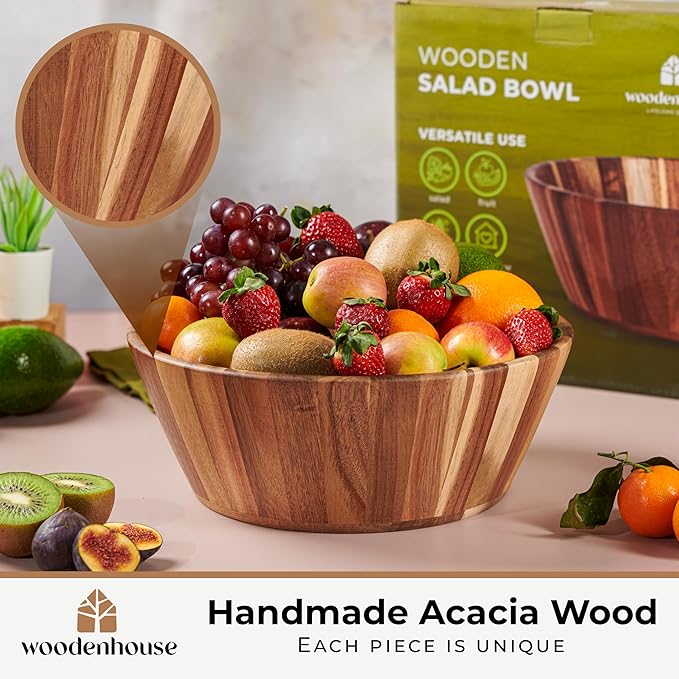 Wooden Salad Bowl, 12" Round Wood Bowl for Fruit & Serving