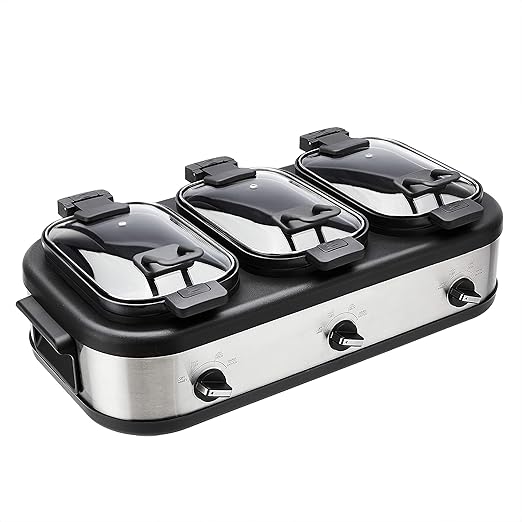 Amazon Basics Stainless Steel Triple Slow Cooker, Dishwasher Safe, Non-Stick, 3 x 2.5 Quarts, Removable Pots, Individual Temp Control, Tempered Glass Lids, for Party Entertaining