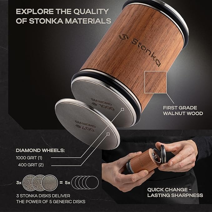 Stonka Walnut Rolling Knife Sharpener Kit – Premium Dark Wood, Diamond Wheels, Magnetic Angle Guide 15° & 20°, Leather Strop – Giftable Packaging