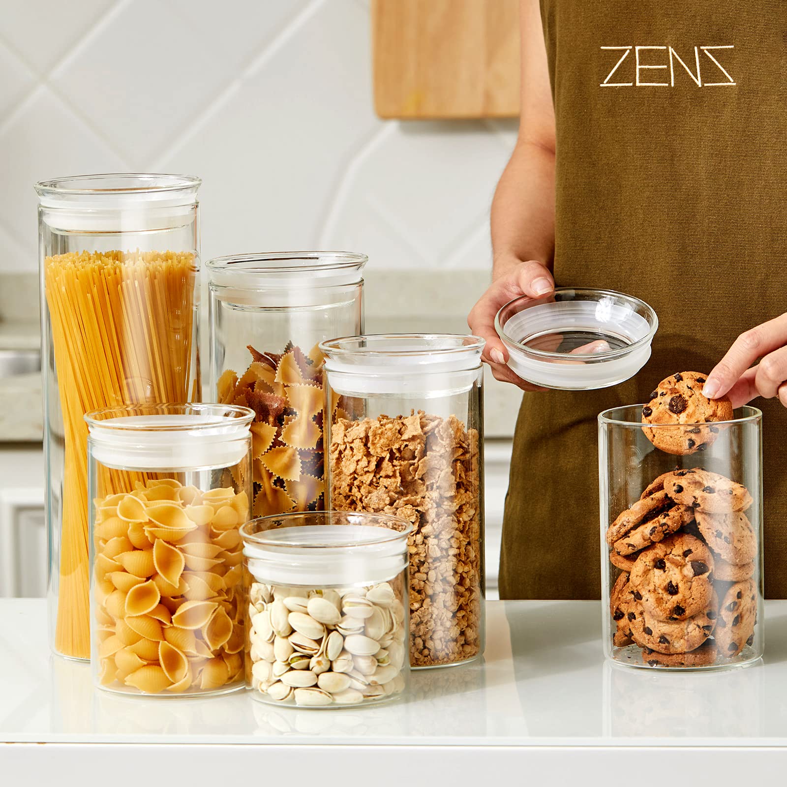 ZENS Glass Spaghetti Storage Container, 65oz Tall Glass Jars Set of 2