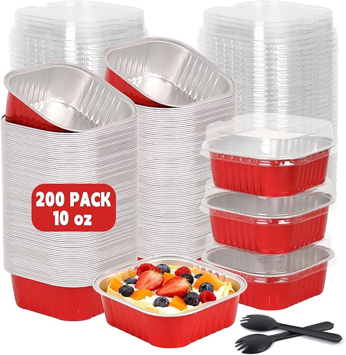 200 Pack 10 oz Square Mini Cake Pans with Lids, Disposable Aluminum Foil Baking Cups for Brownies, Cupcakes, Cheesecake & Catering (Red)