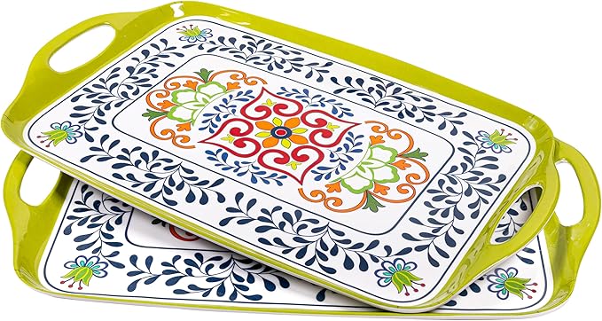 ZAROCRUS Large Serving Platter with Handles,19”x12”Large Rectangular Melamine Serving Tray Set of 2, Kitchen Food and BBQ Serving Platter, Talavera Grilling Prep and Serve Tray, Dishwasher Safe