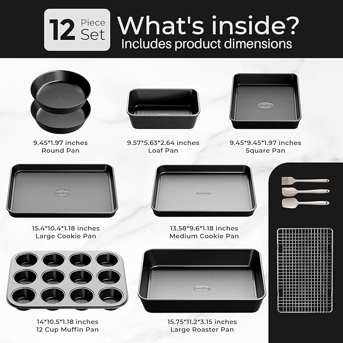12-Piece Nonstick Bakeware Set, Stackable Non Toxic Baking Pans Set - Black