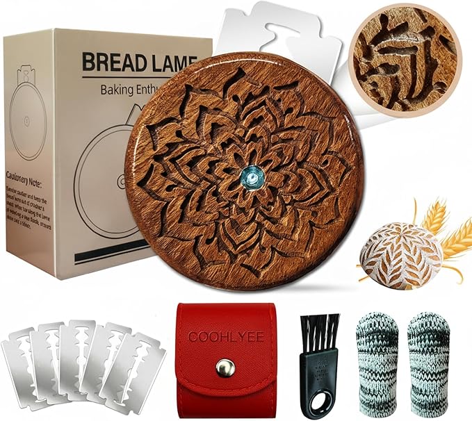 Upgraded 3D Carved UFO Bread Lame for Sourdough, Wooden Sourdough Scoring Tool with Recessed Mandala Pattern, PU Storage Case, 5 Replaceable Blades & Finger Protectors, Bread Scorer for Homemade Bread