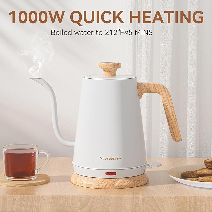 Nueve&Five Electric Gooseneck Kettle with Thermometer, 1.0L Pour Over Hot Water Kettle for Coffee and Tea, 1000W, Auto Shutoff, Boil-Dry Protection, White