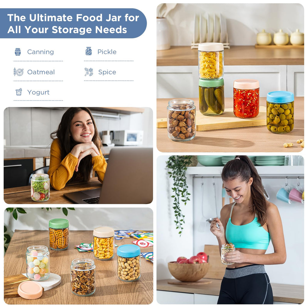 DRKIO 16 Oz Glass Overnight Oats Containers with Lids Chia Pudding Jars