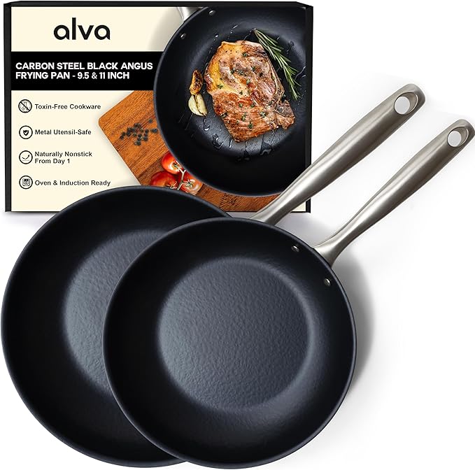 Alva Black Angus 9.5 & 11” Carbon Steel Frying Pan Set, Naturally Nonstick
