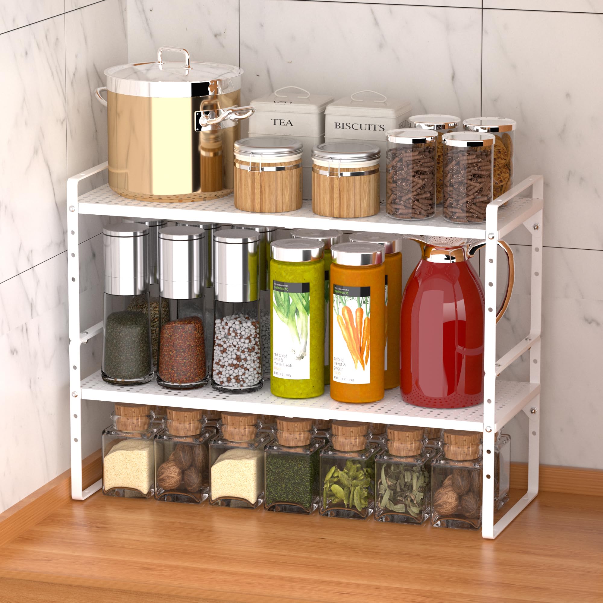 iPEGTOP Expandable Cabinet Storage Shelf Organizer Rack, Heavy Duty Stackable Steel Metal Spice Rack Adjustable Height Pantry Garage Shelf for Counter Kitchen Organization, White - 1 Pack