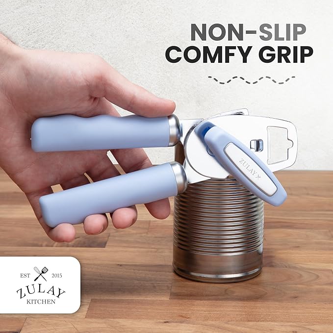 Zulay Kitchen Heavy Duty Stainless Steel Can Opener Manual with Bottle Opener - Rust Proof Manual Can Opener With Turn Knob & Comfy Soft Grip Handles - Light Blue