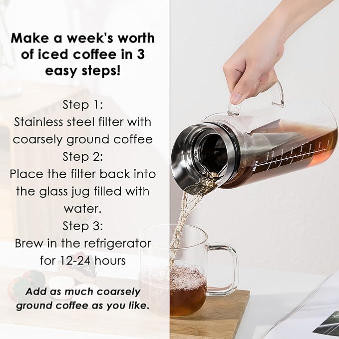 Aquach 51oz Cold Brew Coffee Maker, Borosilicate Glass Pitcher for Iced Tea