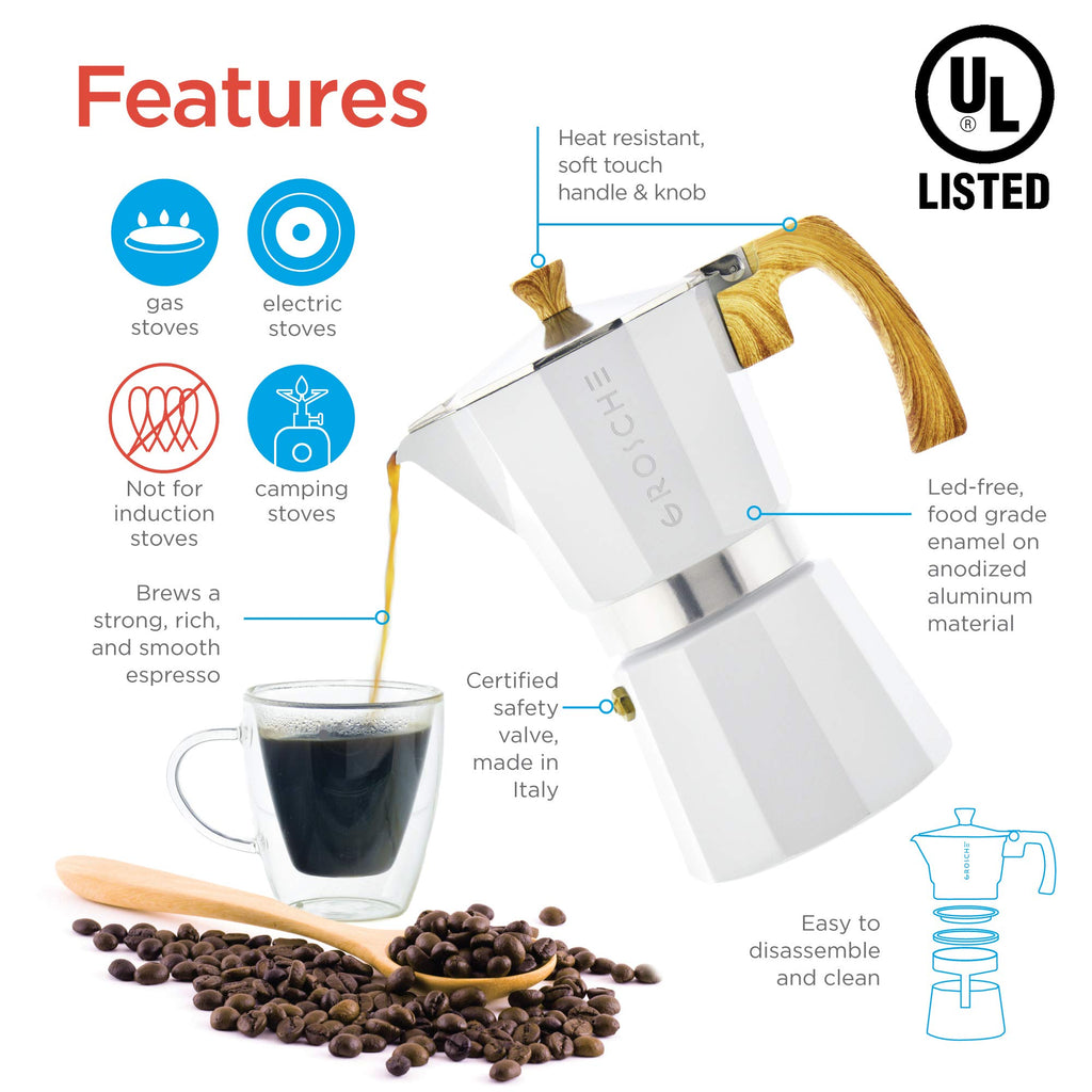 GROSCHE Milano Stovetop Espresso Maker Moka Pot 3 espresso Cup, 5 oz White