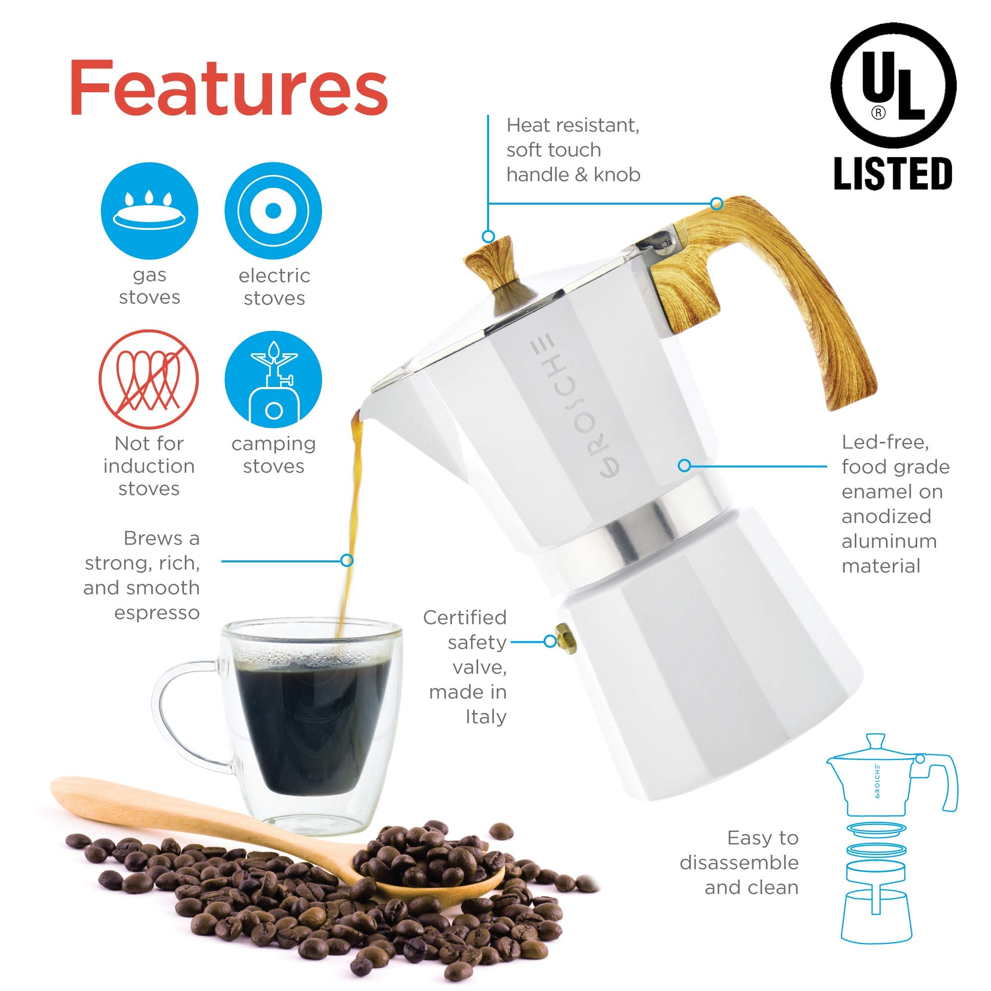 GROSCHE Milano Stovetop Espresso Maker Moka Pot 3 espresso Cup, 5 oz White