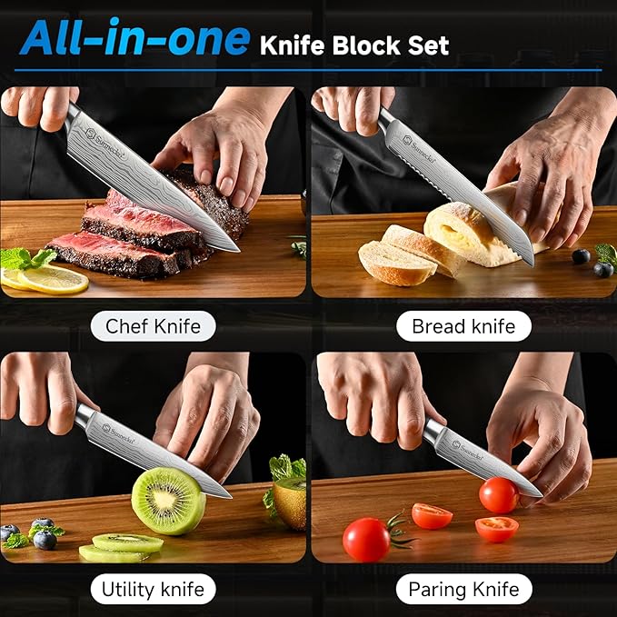 Knife Set with Block and Sharpener, 15 Piece Kitchen Knife Block Set