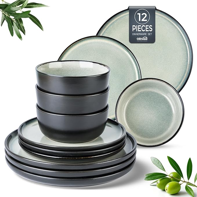 AmorArc Stoneware Dinnerware Sets for 4, 12Pcs Plates and Bowls Sets Dishes