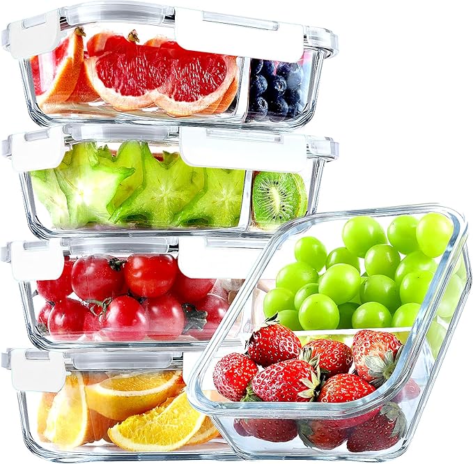 VERONES 5 PACK 36 OZ Glass Food Storage Containers 2 Compartment Set, Wihte