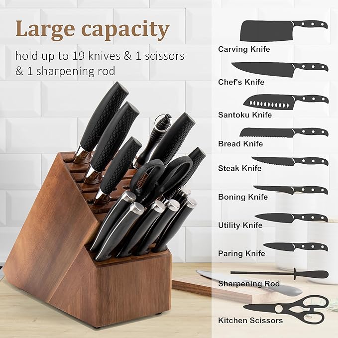Knife Block for Kitchen Countertop - 20 Slot Universal Knife Holder with Acacia Wood, Large Knife Storage Organizer for Butcher Block, Knife Block Storage without Knives, Easy for Knife set
