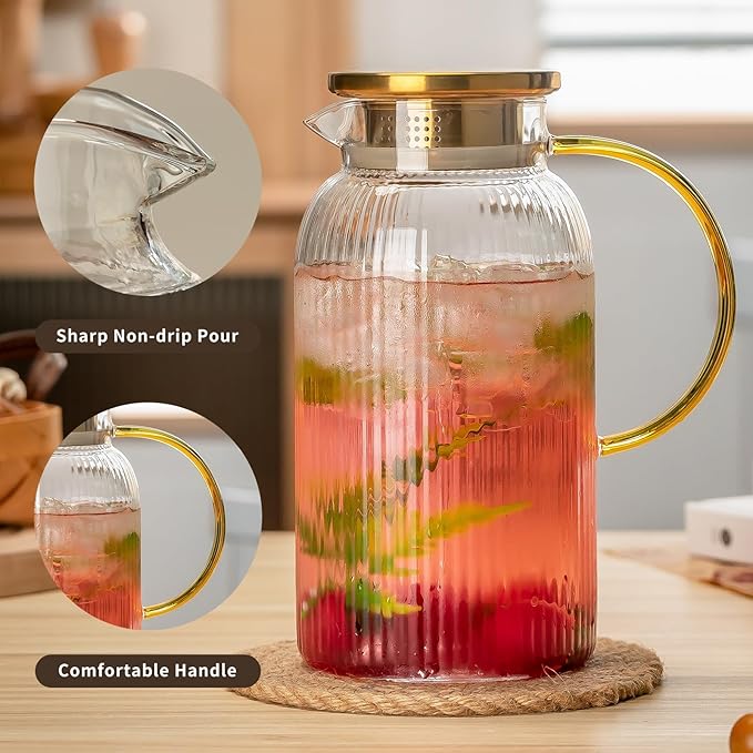 Buaic 2 PACK Glass Pitcher with Lid, 84 oz/ 2.5 Liter Glass Water Carafe