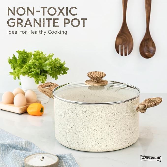 MICHELANGELO Nonstick Cooking Pot - 6 Quart Soup Pot with Lid for Family Meals, Non-Toxic Stockpot with Stay-Cool Handles, Induction Ready, Easy Cleanup, PFOA & PFOS Free