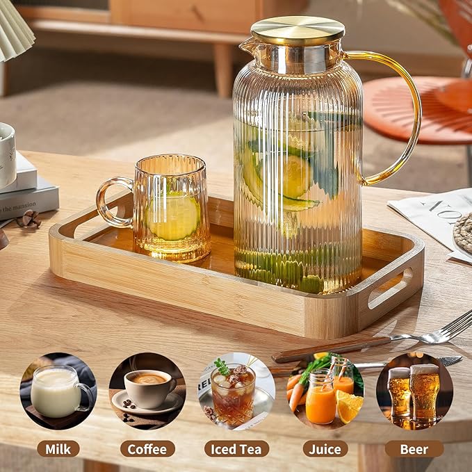 Buaic Glass Pitcher with Lid, 68 oz/ 2L Amber Glass Water Pitcher