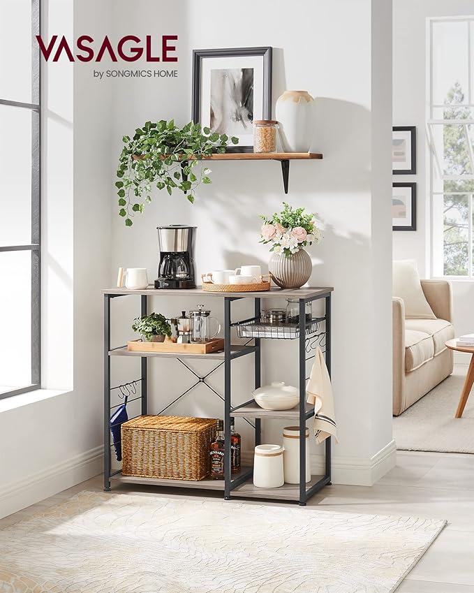 VASAGLE ALINRU Kitchen Baker’s Rack, Coffee Bar, Microwave Oven Stand, with Steel Frame, Wire Basket, 6 Hooks, for Mini Oven, Spices Utensils, Industrial, Heather Greige and Ink Black UKKS090B02