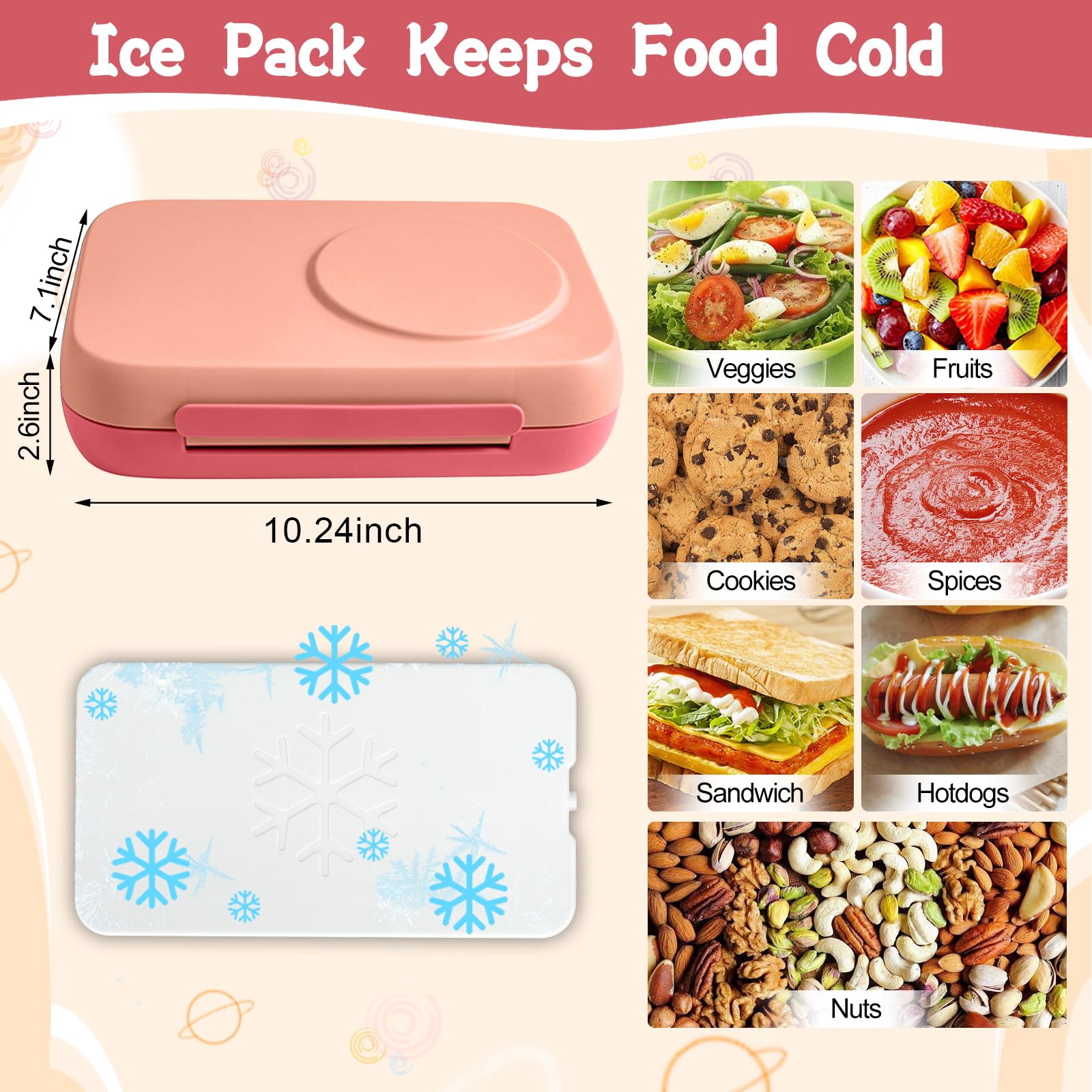 JXXM Bento Box for Kids,Kids Bento Lunch Box with Built-in Ice Pack for School,3 Compartments Leak Proof Lunch Container with Utensils for Girl Boy;BPA Free,Microwave & Dishwasher Safe, 44oz(Pink)