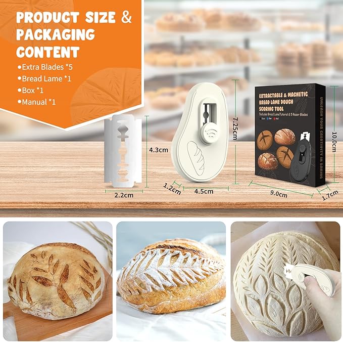 NeoRov Extractable & Magnetic Bread Lame Dough Scoring Tool - Professional Sourdough Scoring Tool - Sourdough Bread Baking & Bread Scoring Tool - Scoring Patterns booklet & 5 Razor Blades (Cream)