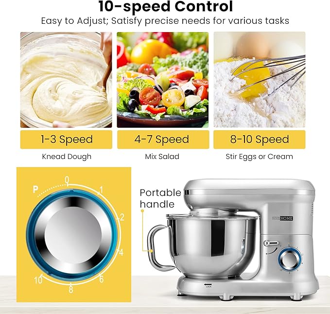 VIVOHOME Stand Mixer, 6-Quart Tilt-Head Kitchen Mixer with Bowl, Silver
