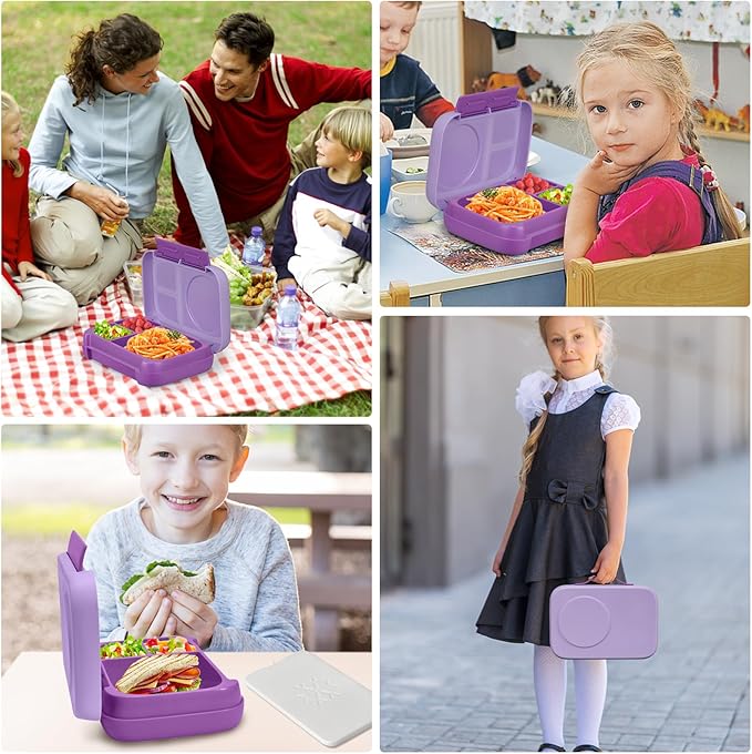 JXXM Bento Box for Kids,Kids Bento Lunch Box with Built-in Ice Pack for School,3 Compartments Leak Proof Lunch Container with Utensils for Girl Boy;BPA Free,Microwave & Dishwasher Safe, 44oz(Purple)
