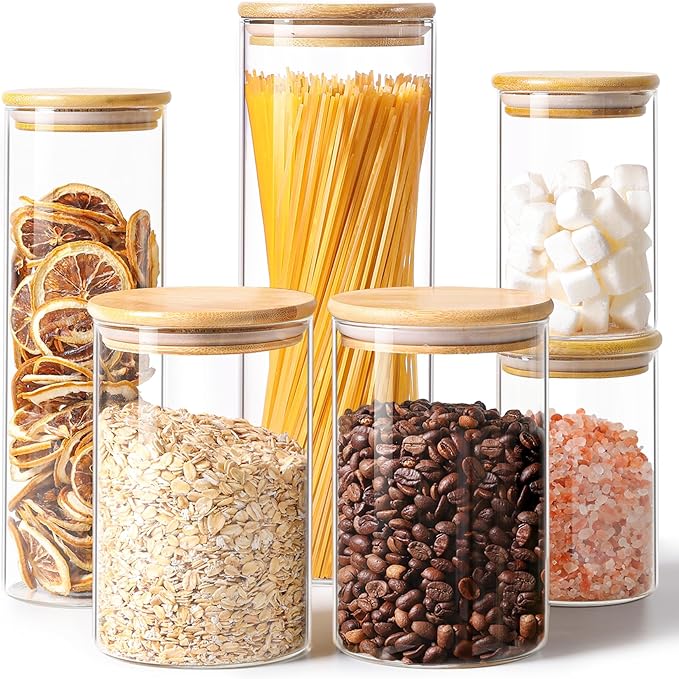 ComSaf Glass Storage Jars 6 Pack, Pasta Containers, Pantry Organization