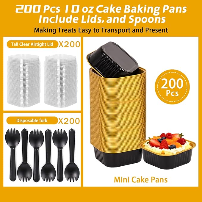 DeziWood 200 Pack 10 oz Black Gold Mini Aluminum Cake Pans with Lids and Spoons, Disposable Square Baking Cups, Oven Safe Foil Ramekins for Individual Desserts, Cupcakes, Cheesecakes Ramekins Muffin