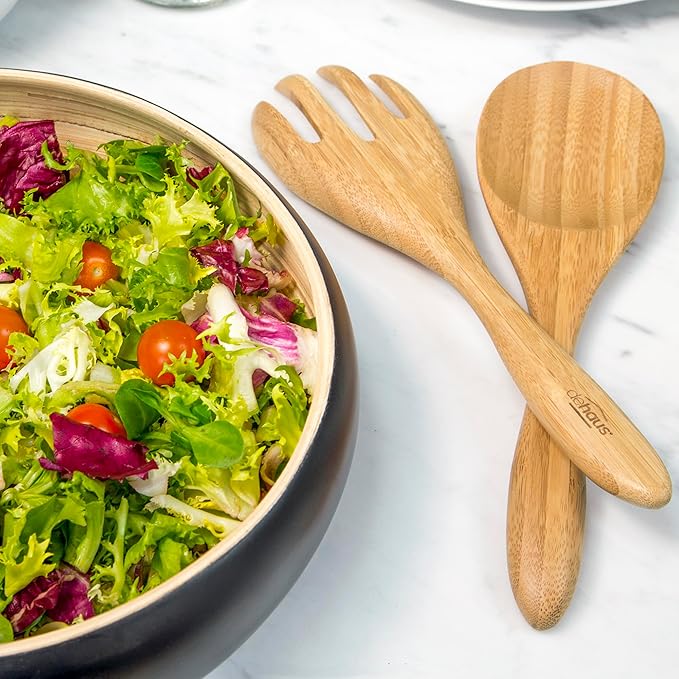 Dehaus® 12" Extra Large Bamboo Salad Servers - Wooden Salad Serving Spoons - Eco Friendly Salad Tossing Utensils - Giant Wooden Salad Hands - Bamboo Salad Tongs