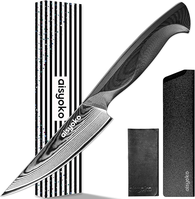 aisyoko 4.5 Inch Paring Knife, Damascus Steel Chef Knife with Ergonomic G10 Handle, VG10 High Carbon Steel, Professional Kitchen Knife for Fruit Vegetable Carving, Ultra Sharp Blades